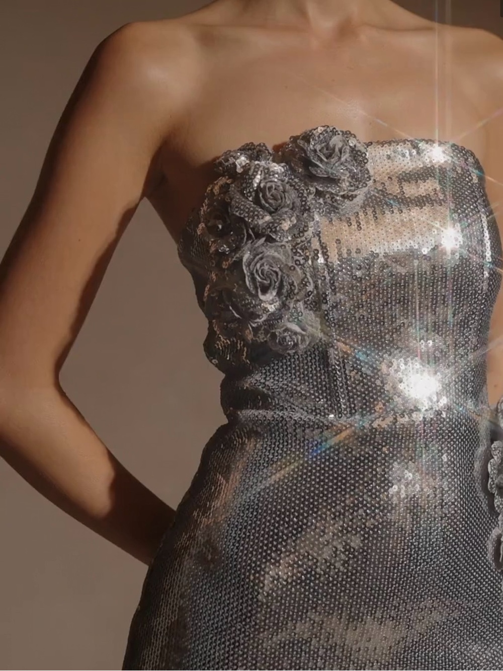 Meshki Strapless Silver Sequin Floral Appliqué Dress